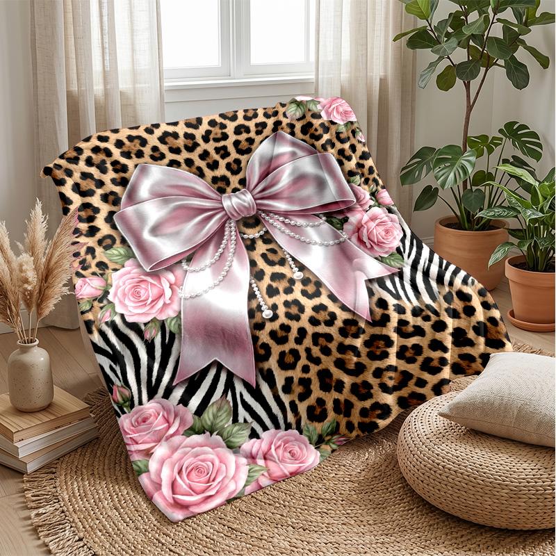 Pink Roses and Bow on Animal Print 1 Theme blanket Lightweight Warm Flannel Blanket Decorative Throw Blanket for Home Decoration