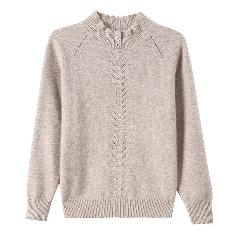 Women's Cashmere Sweater: Autumn/Winter Wool Knitwear, New Style, Thickened Base Layer, Semi-High Collar with Ruffles.