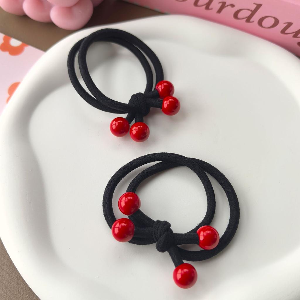 5pcs Hair Band Festive Big Red Four Beads Head Rope Knot Elastic Band Thick Hair Ring Student Simple Elastic Band Head Rope