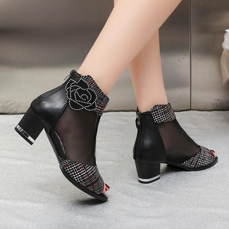 Women's Shoes  Fashion Fish Mouth Women's Sandals Summer Breathable Mesh Zipper Mixed Colors Dress Chunky Heels Sandals