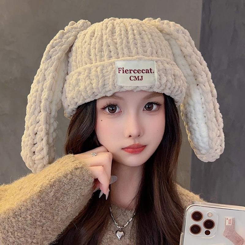 Korean Cute Long Rabbit Ears Thick Woolen Hat for Women In Autumn and Winter New Thickened Warm Ear Protection Pure Handmade Knit Hat