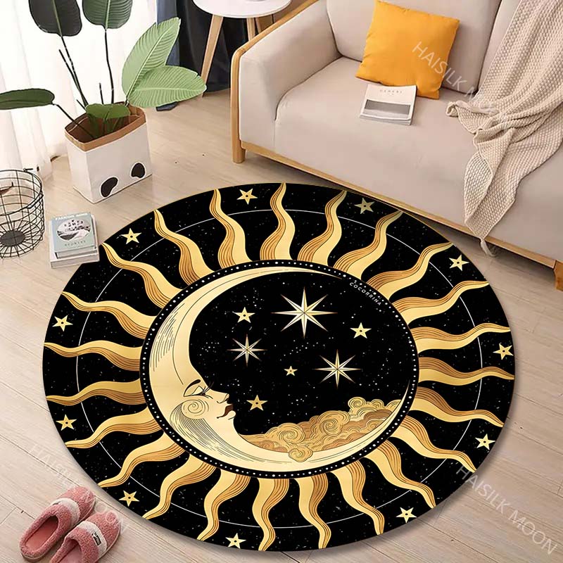 Multiple Sizes Retro Sun and Moon Mandala Art Print Round Carpet Living Room Bedroom Table Chair Sofa Decorative Carpet
