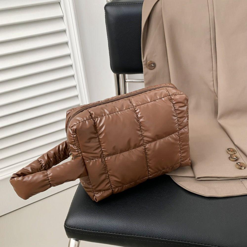 Solid Color Padded Makeup Bag Quilted Plaid Clutch Bag Simple Puffer Handbag  Ladies