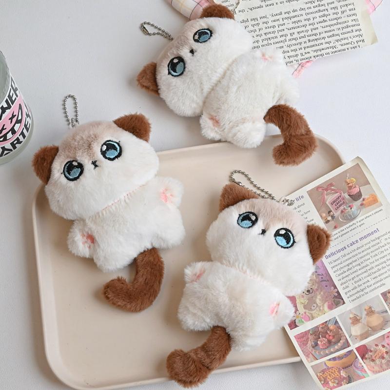 Cute Cartoon Scarf Tail Kitten Plush Keychain Siamese Kitten Stuffed Doll Backpack Pendant Car Keychain Accessories Gifts