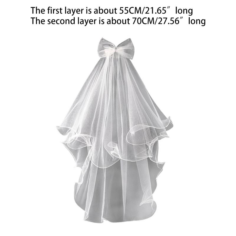 2 Tier Wedding Veil with Comb for Girls Communion Veil Bow Adorned by for Rhinestone Short Length Curly Edge Tulle Veil