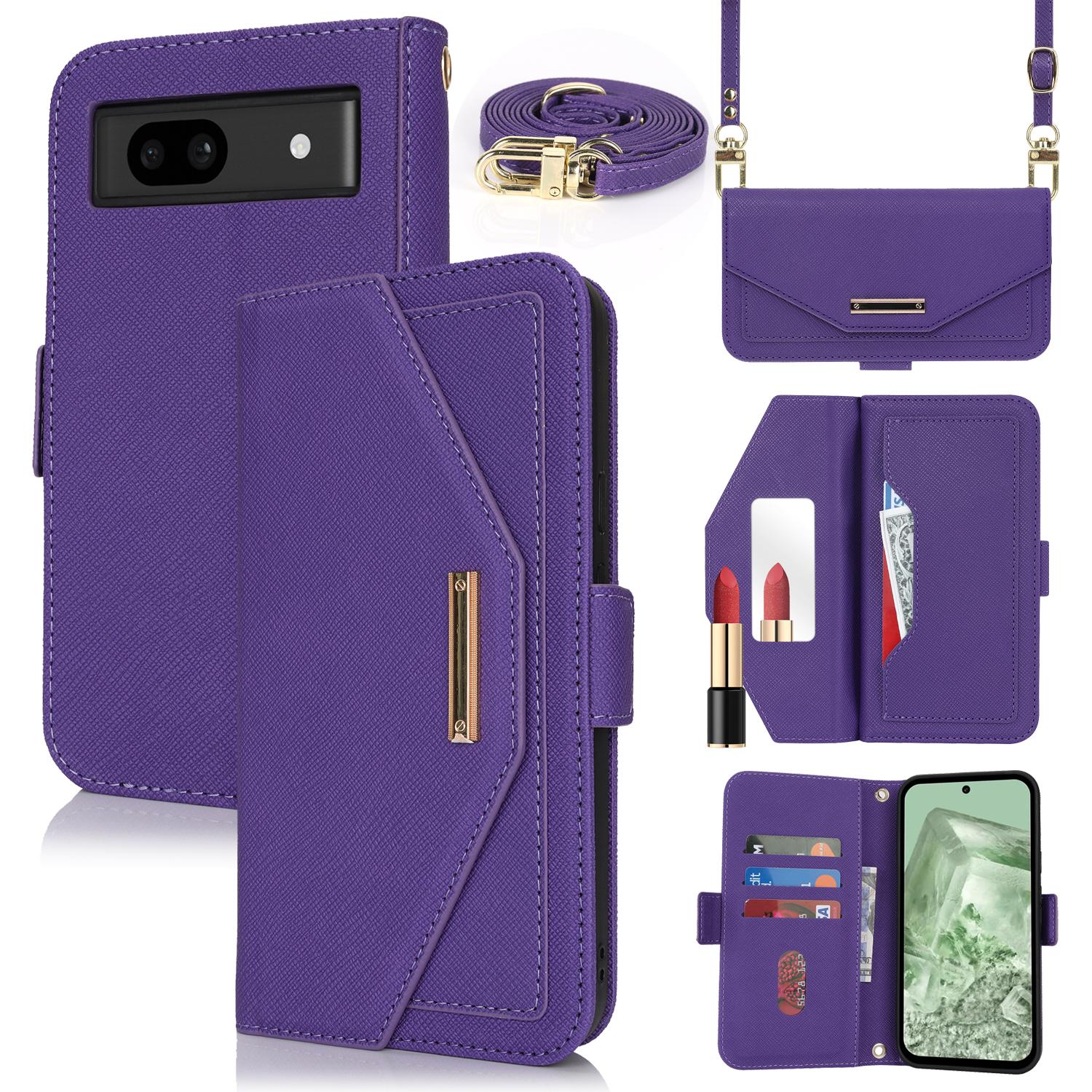 

For Google Pixel 8a Stand Case Cross Texture PU Leather Wallet Phone Cover with Shoulder Strap/Makeup Mirror Purple