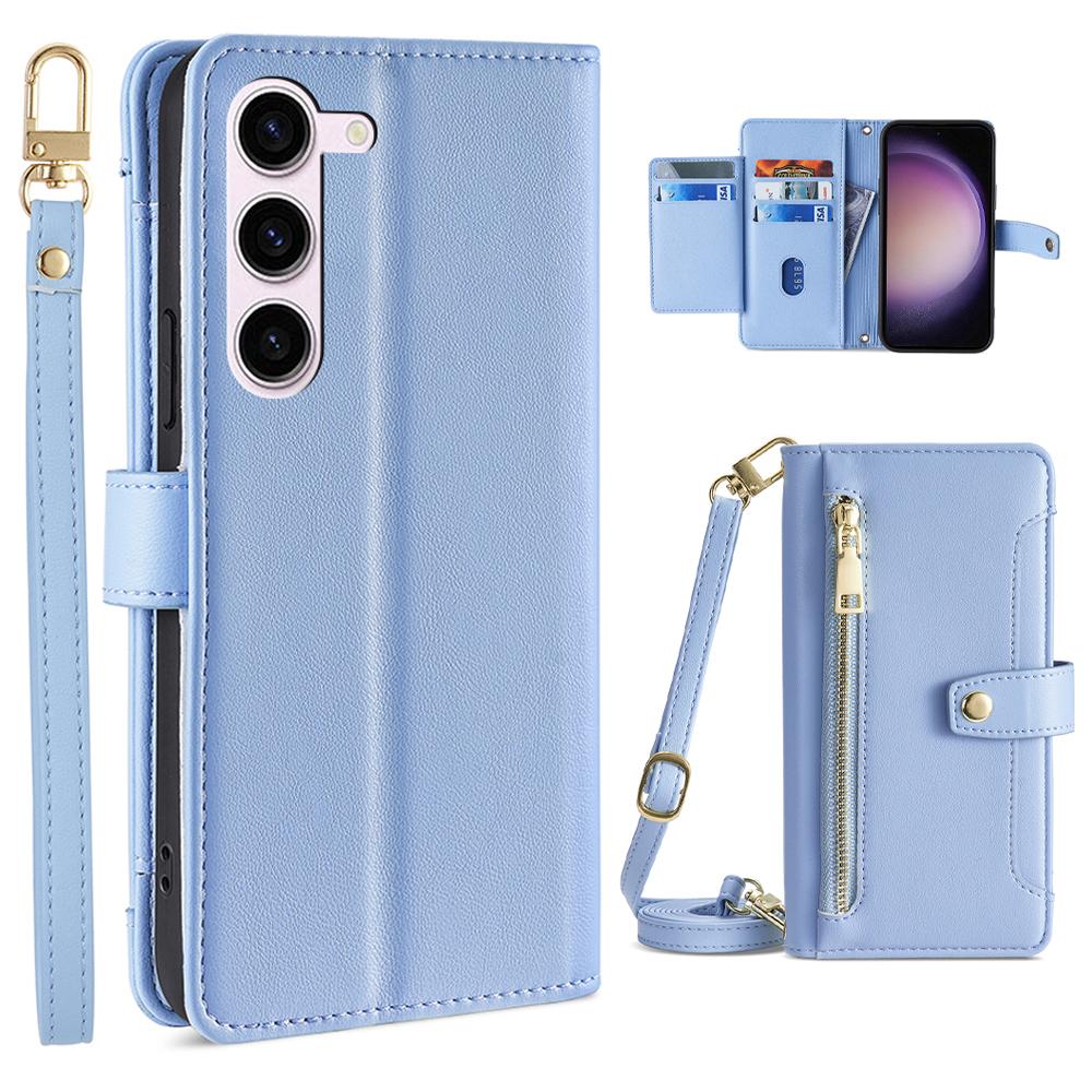 Zipper Pocket Phone Case for Samsung Galaxy S23 Card Slots Stand PU Leather Phone Cover with Straps