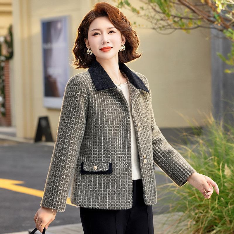 

2026 Chic Tweed Jacket for Middle-aged & Elderly Women - Elegant Lapel Plaid Woolen Top XL (for 90-110 jin)