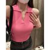 Women's Sleeveless Polo Neck Ribbed Knit Crop Top Slim Fit Casual Solid Color Tank Top