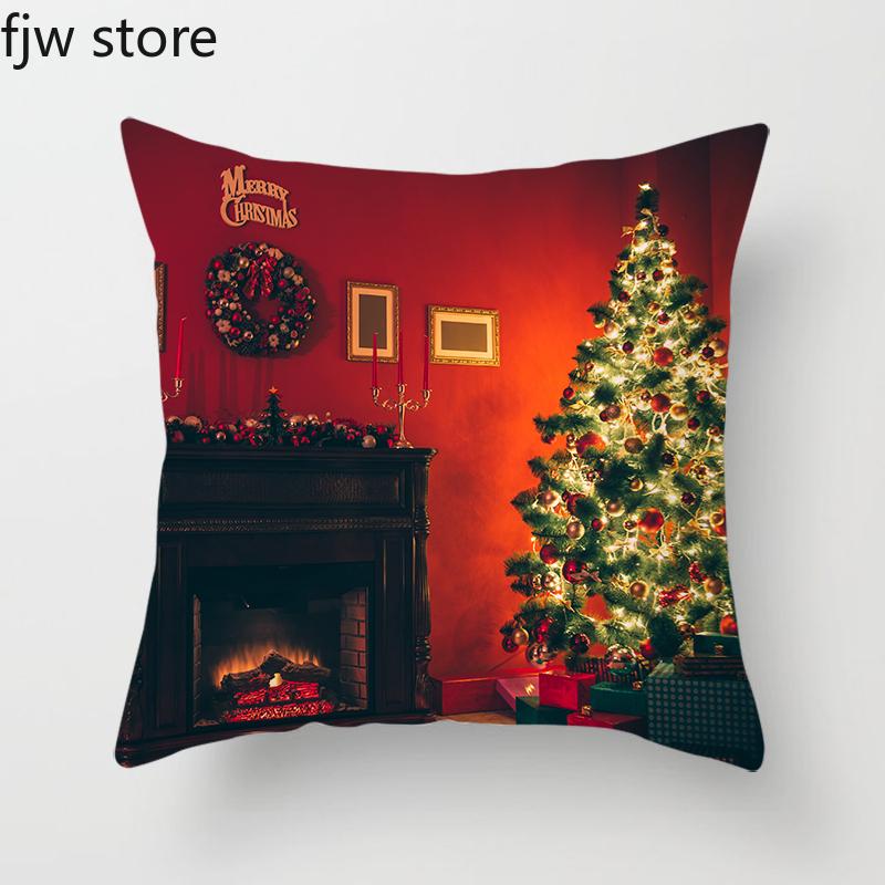 Christmas Decor Pillow Cover  Tree Gift Fireplace Print Throw   New Year Home  Sofa Cushion