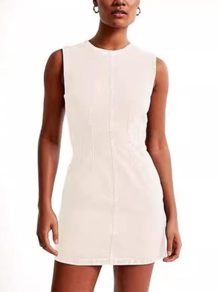 Sleeveless Denim Dress with Zip Front Detail in Multiple Colors - Blue, Black, Navy, White