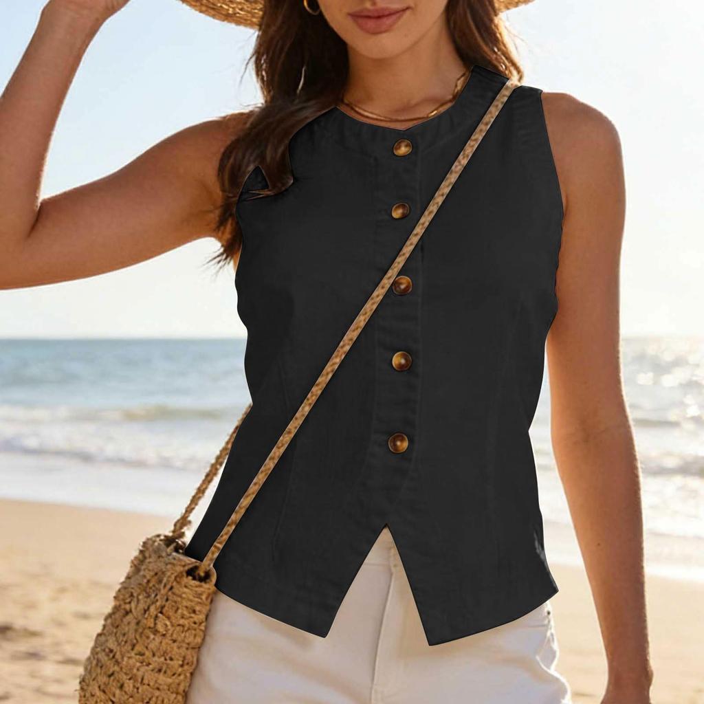 Women's Cotton Linen Button Down Tank Tops Lightweight Vest Sleeveless Loose Fit Shirts Tunic Tops