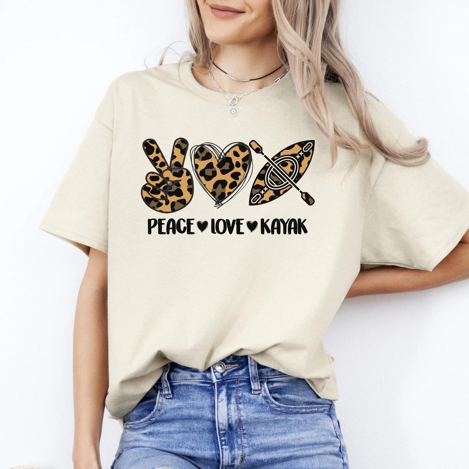 Peace Love Kayak T-Shirt Leopard skin Kayaker kayaking lover Unisex Tee Sand Whi 4XL