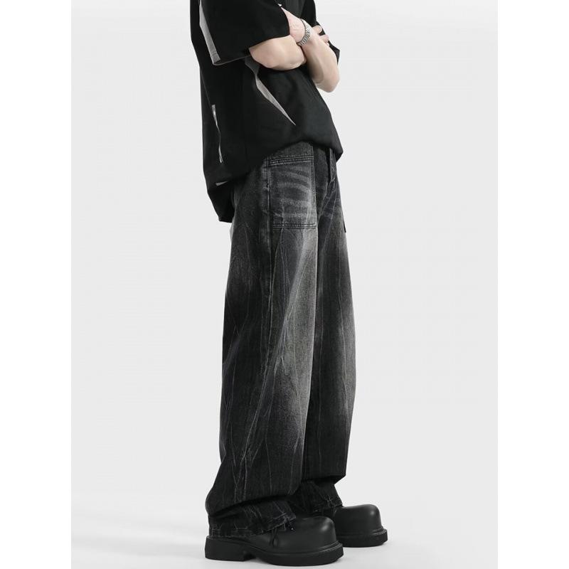 JYL Men's Straight Jeans Vintage Black Washed Whisker High-Street Denim Pants