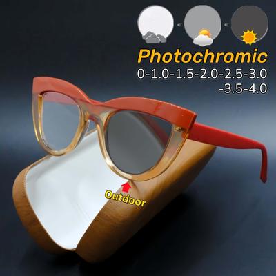 Retro Cat Eye Photochromic Myopia Glasses Women And Men Multi-Color Splicing Ultra Light Near Sight Eyeglasses 0 To -4.0