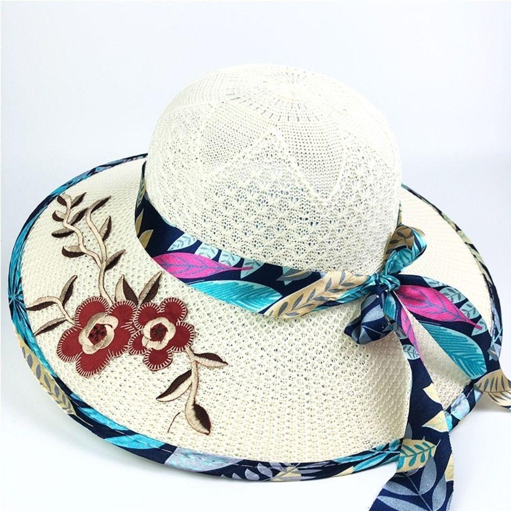 Foldable Flower Embroidery Hat Wide Brim Panama Hat New Straw Beach Cap  Outdoor Casual