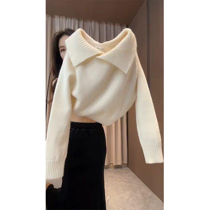 

Korean Style Women s Winter White Lapel Long Sleeve Warm Thick Knit Sweater XL [Recommended 57.5-62.5 kg]
