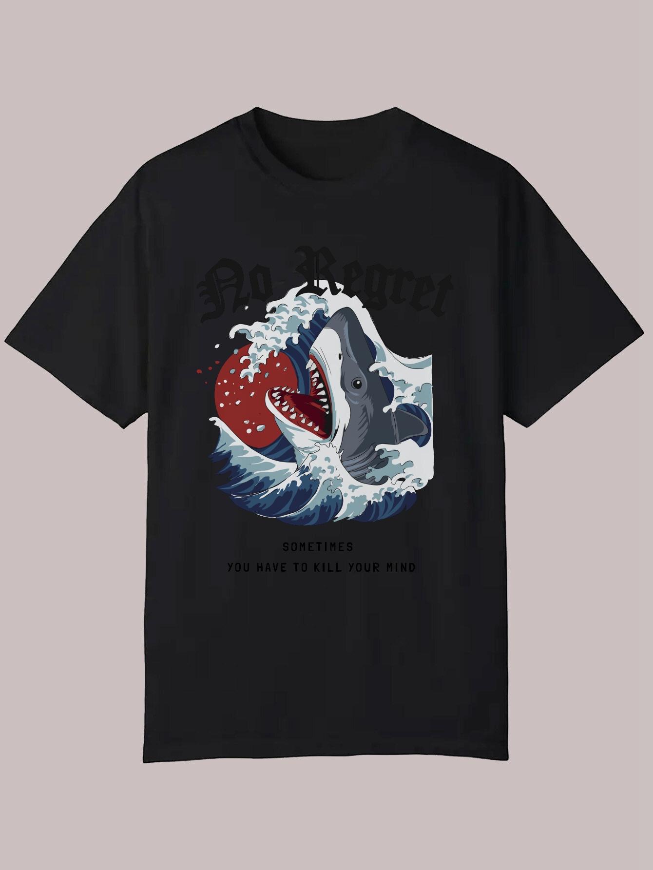 Graphic Shark & Wave Print T-shirt - Bold Don t Worry Slogan S