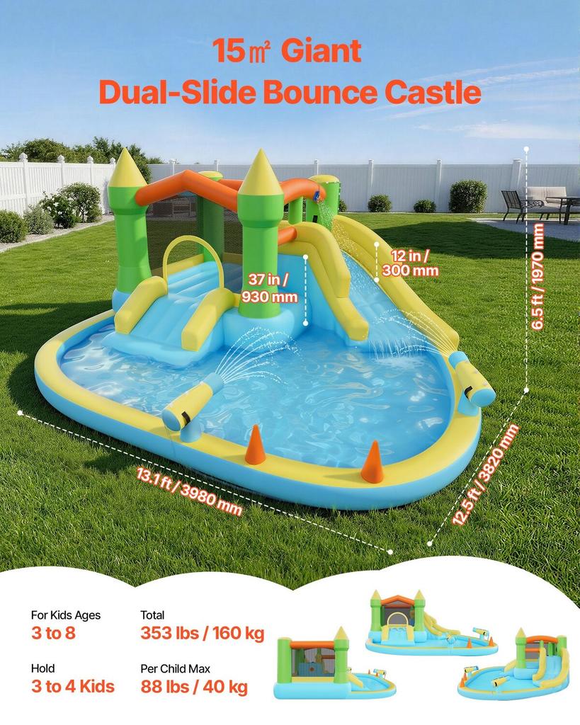 Inflatable Bounce House, 12.5 X 13.1 X 6.5 Ft Inflatable Bounce House Water Slide, Bouncer Castle with Castle Bounces, Basketball Hoop, Splash Pool &