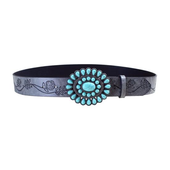 Boho Belt Rose Flower Carved Pattern Faux Turquoise Decor Vintage Western Belt Snap Button Imitation Leather Waistband