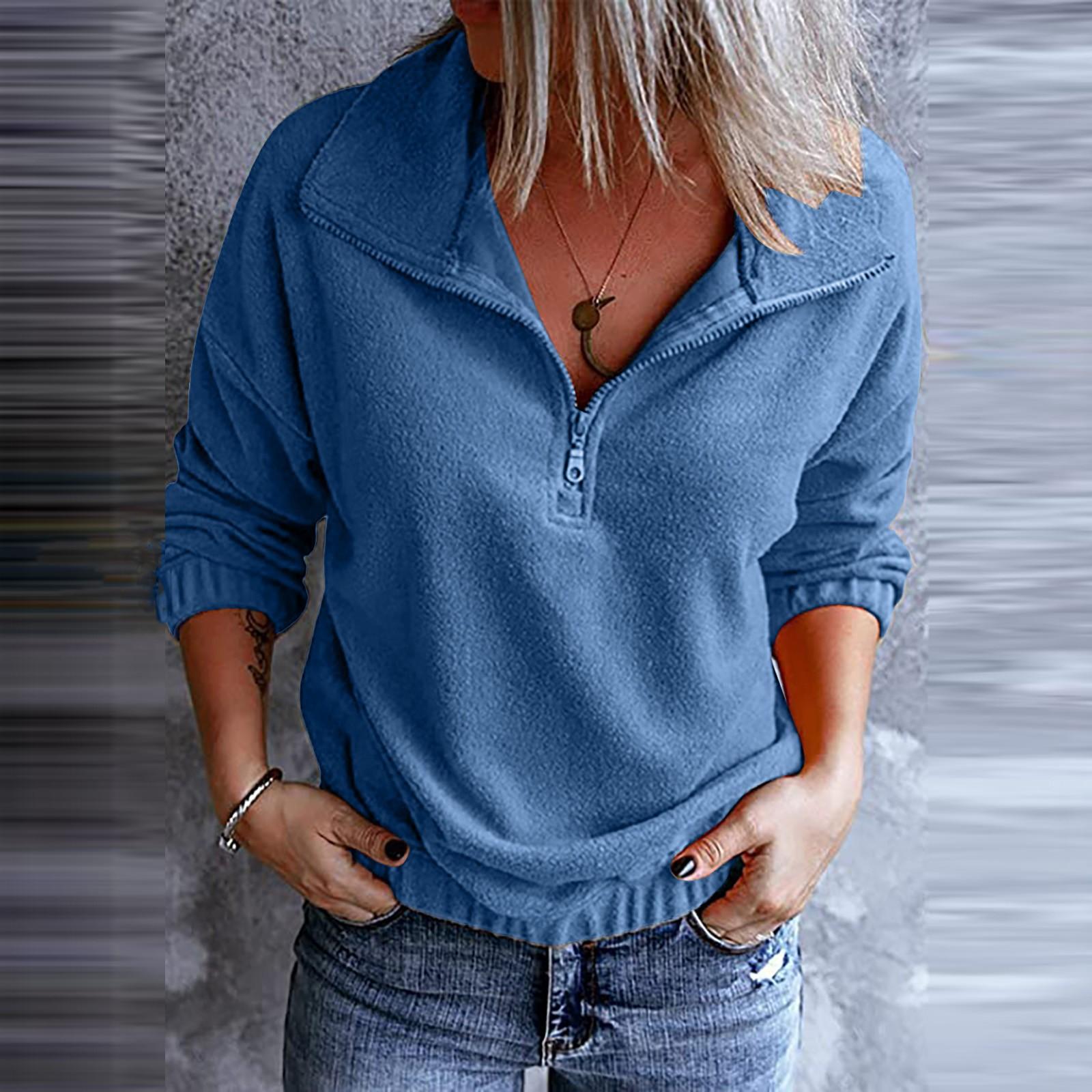 Women s /Winter Long Sleeve Stand Up Collar Zip Plush Sweatshirt Top S синий