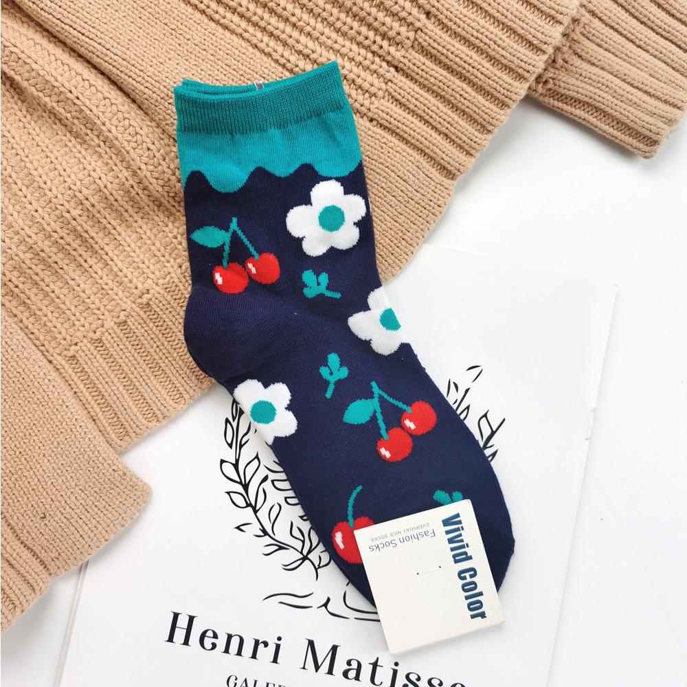 Vivid Color Floral Korean Mid-Calf Cotton Socks for Women - Spring Pastoral Style One Size синий