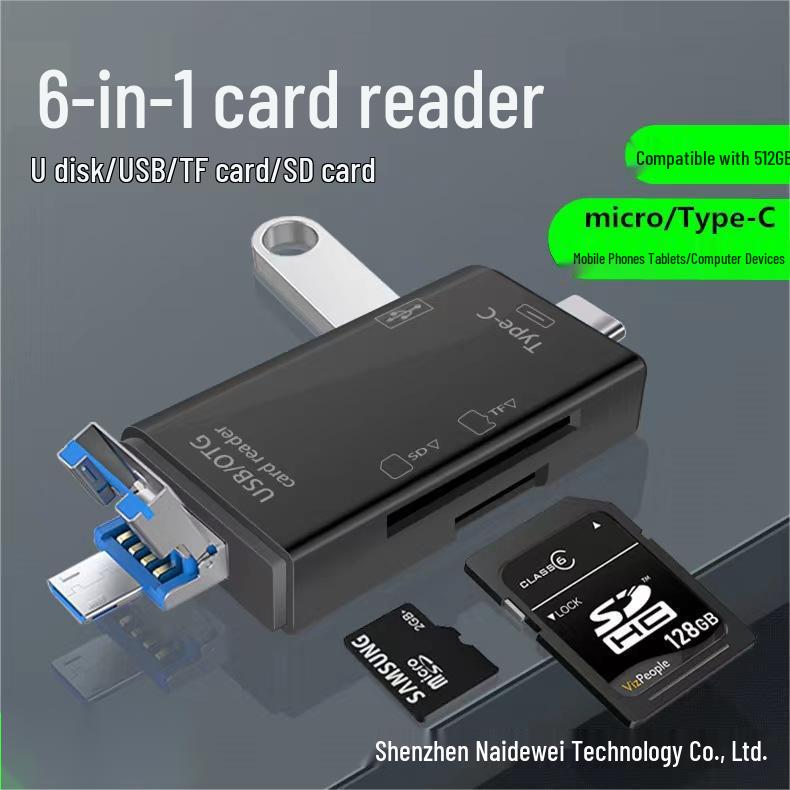 Six-in-One Type-C Multifunctional Card Reader: TF/SD USB Adapter for Computer & Phone