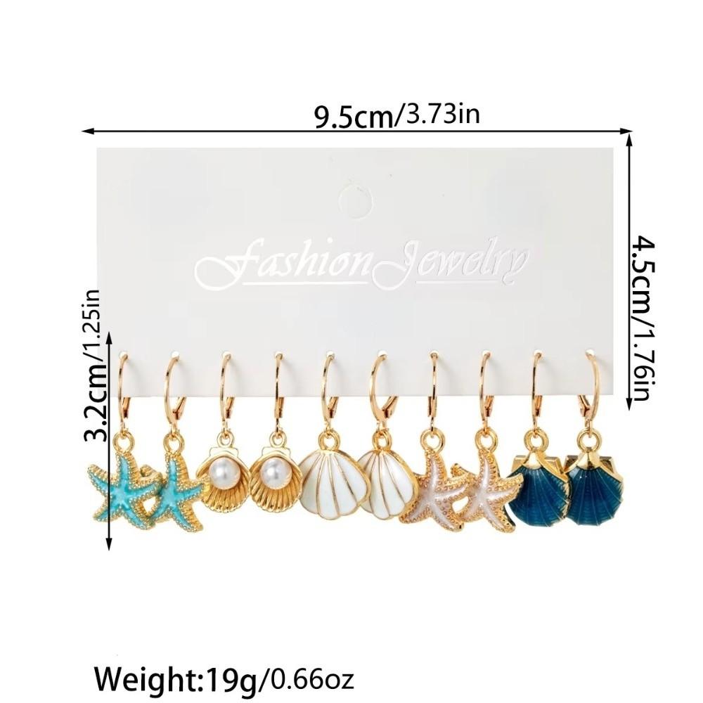 5 pairs New Ocean Style Pendant Earrings Starfish Shell Alloy Drop Earrings Imitation Pearl Scallop Card Earrings
