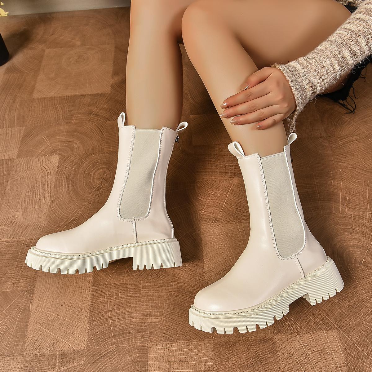 

Мода 2025 Новые женские короткие ботинки Британский стиль Осень/зима На флисовой подкладке Толстая подошва Зауженный крой Сигарета Черные челси короткие ботинки 42