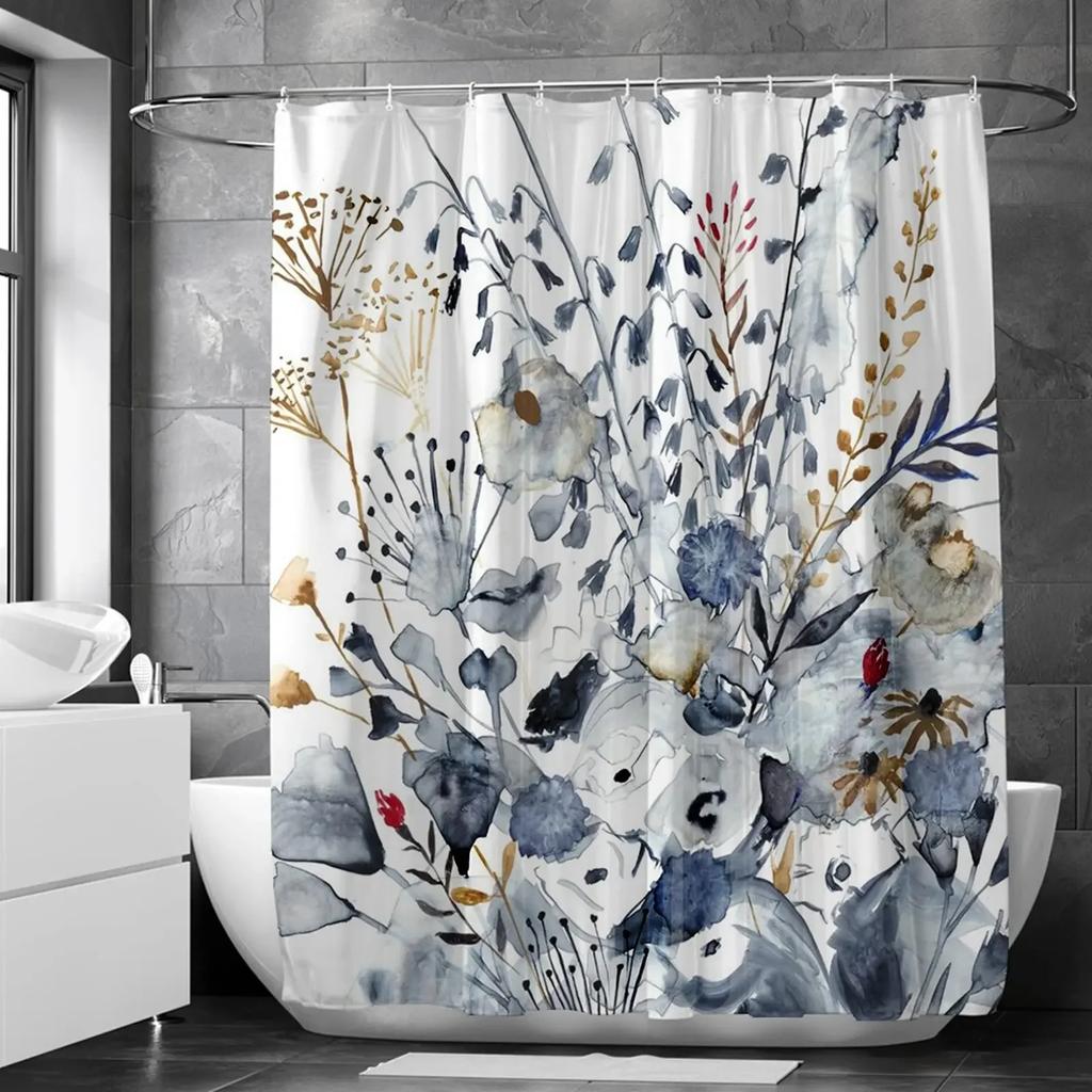 Blue Floral Shower Curtain Watercolor Flower Bath Curtain Poester Fabric Waterplyroof Bathroom Curtains With Hooks Bath Screen