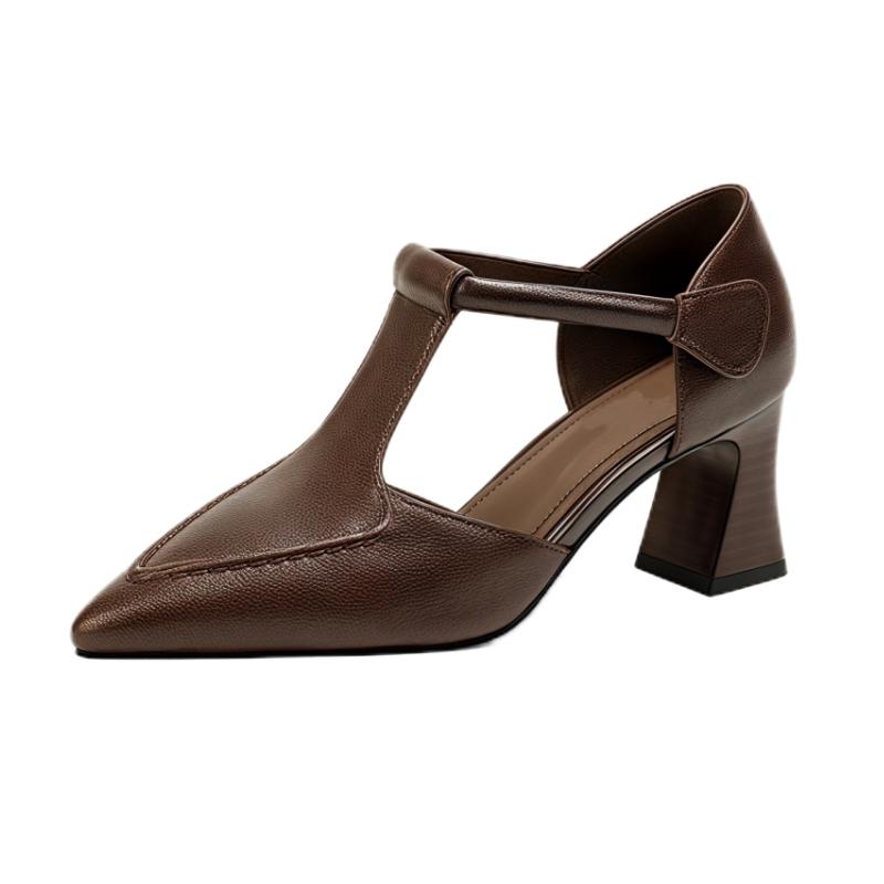 

French 2026 New High-heeled Cool Single Shoes Women s Chunky Heel Hollowed Out Without Tiring Feet Versatile Baotou Sandals 35 коричневый