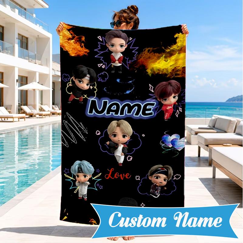 Custom Name K-pop BTS Artwork Characters Beach Towel Microfiber Beach Towel, Lightweight and Quick-Dry, for Summer Travel, Swimming Pool Gift