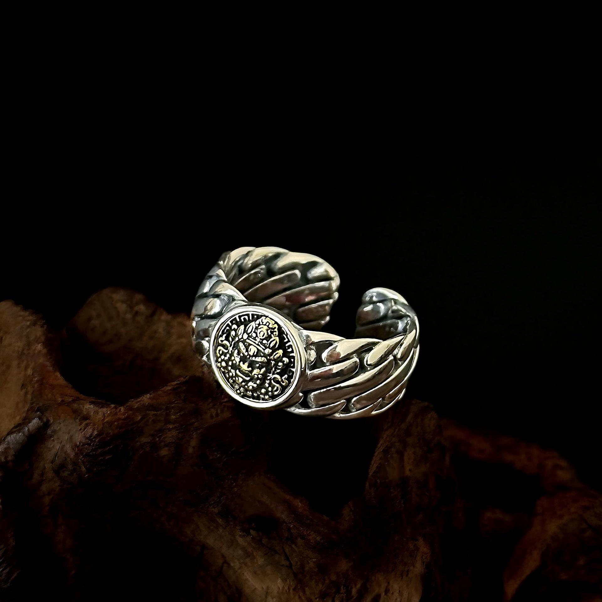 

S925 Sterling Silver Yellow Wealth God Woven Open Ring – Unisex Versatile Wide Band
