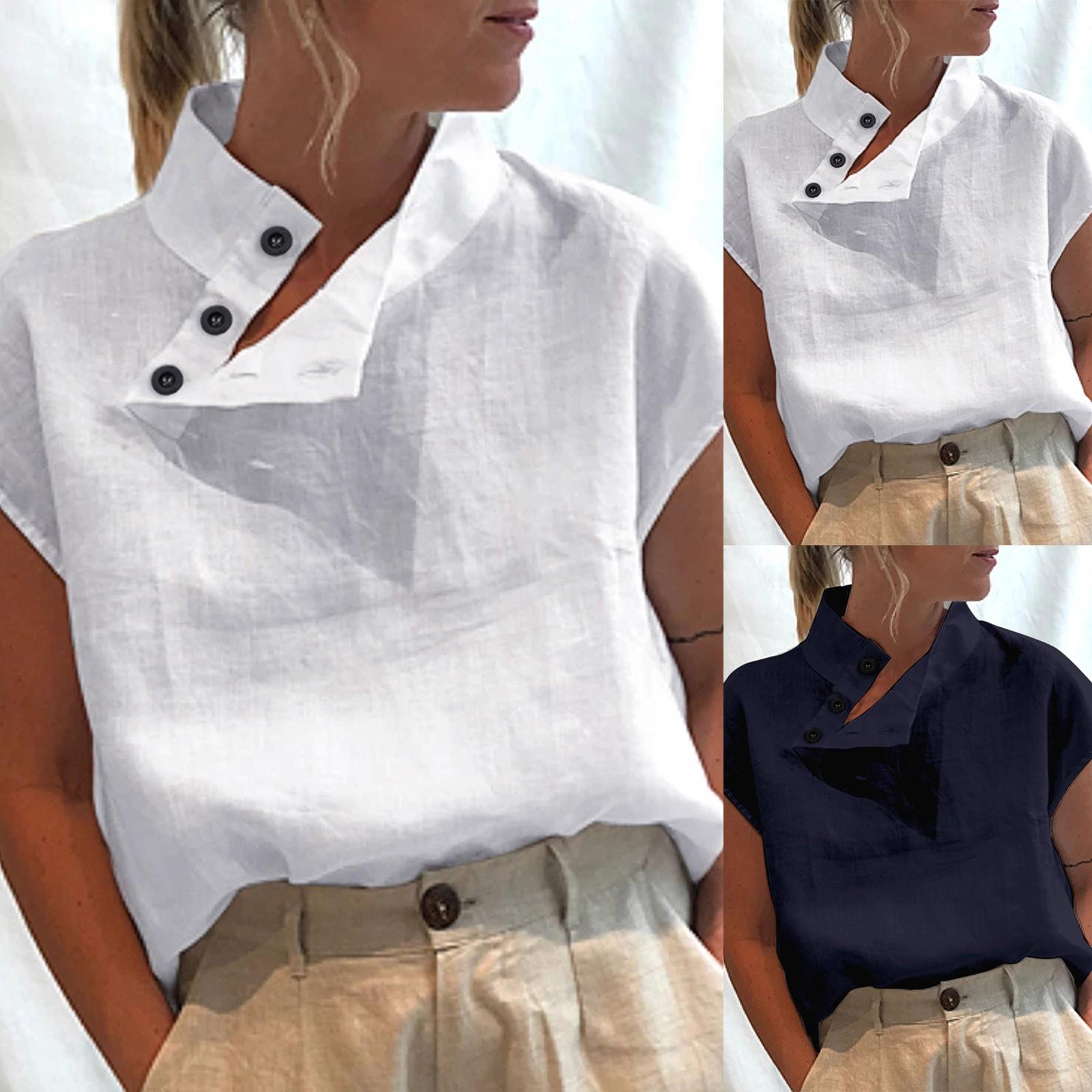 

Женская летняя элегантная повседневная блузка с круглым вырезом и пуговицами с коротким рукавом, топы