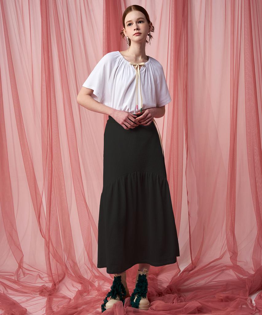 Pelimela Seersucker Flare Long Skirt (Black)