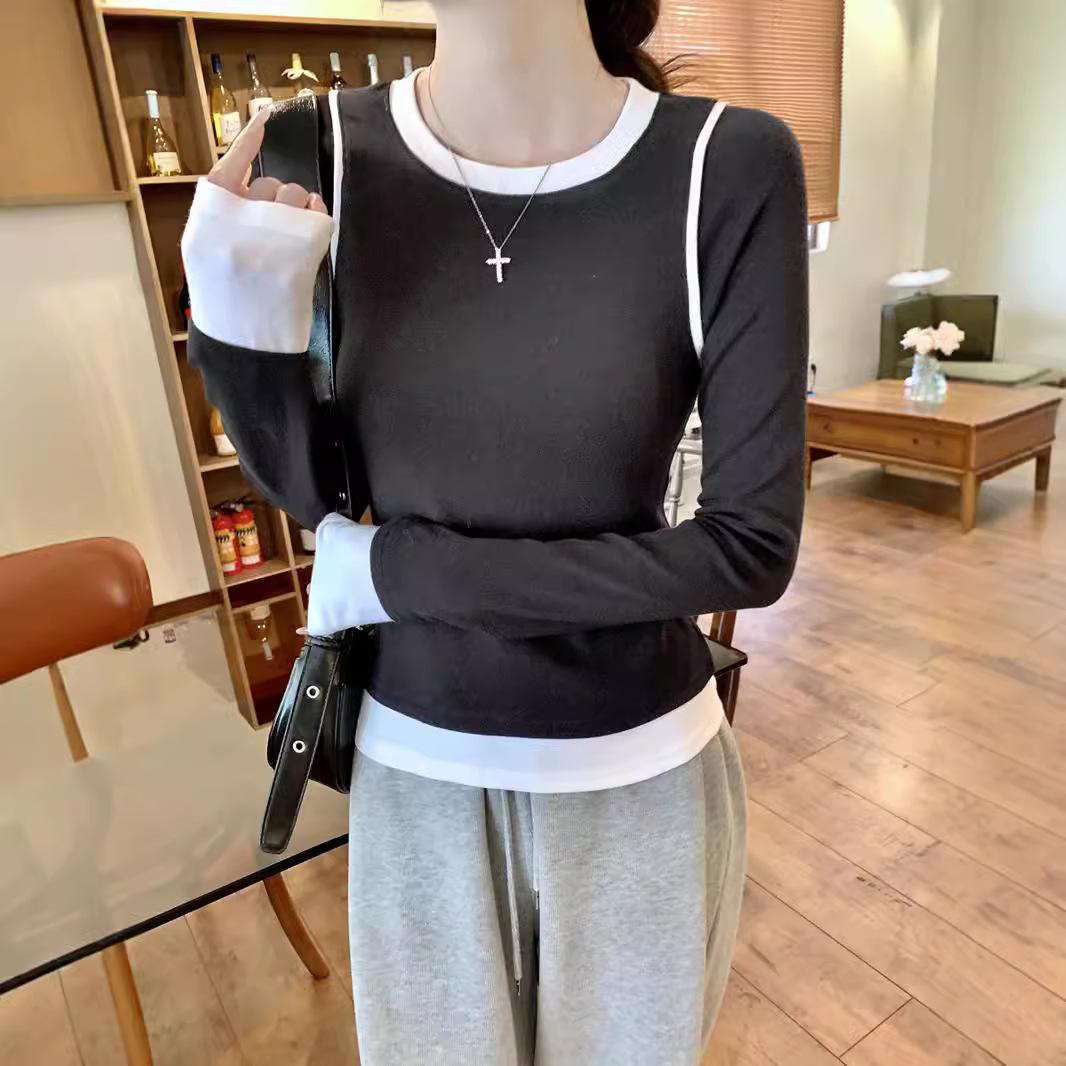 

Комплект из двух предметов: футболка с длинным рукавом для женщин, нижняя рубашка для дизайна, новый весенний контрастный цвет, топ, уменьшающий возраст 2XL серый