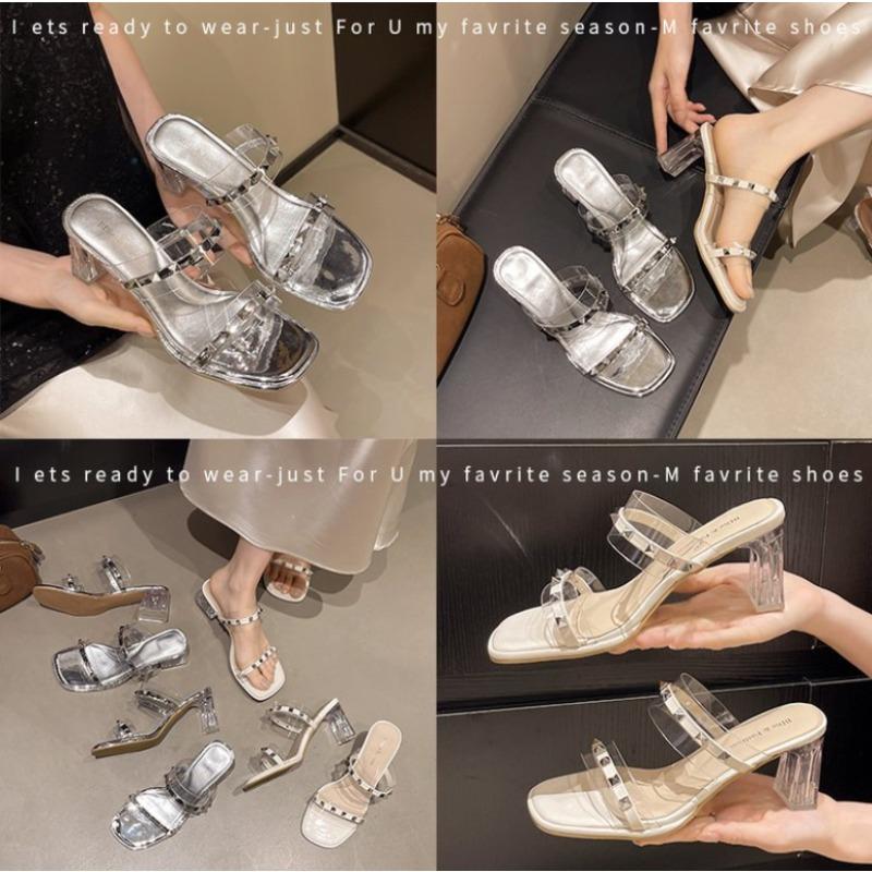 Butterfly-Knot Med Shoes Woman 2025 Glitter Slides Slippers Casual Square Heel Pantofle Jelly Luxury Block New Butterfly-knot