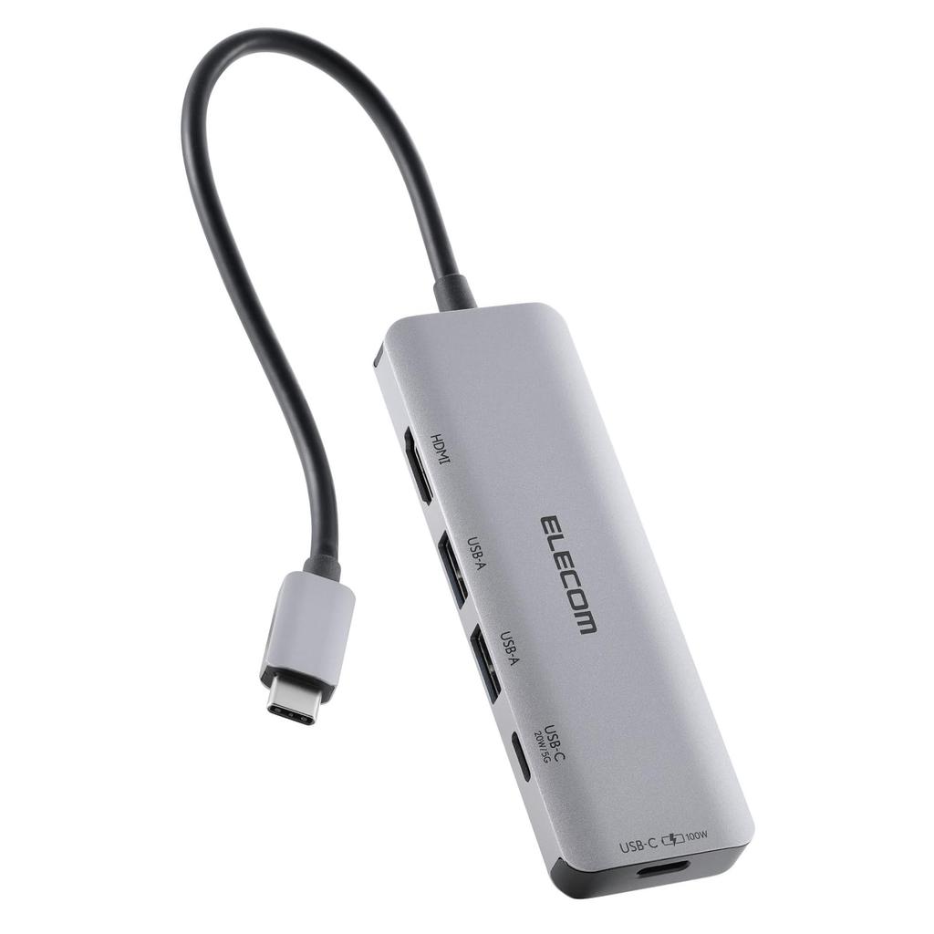 ELECOM Hub Docking PD 100W Support to 85W for Up to 20W for 2 2 1 HDMI Type-C Station, (Up PCs, Smartphones), USB-A, USB-C, (4K 60Hz), Silver,