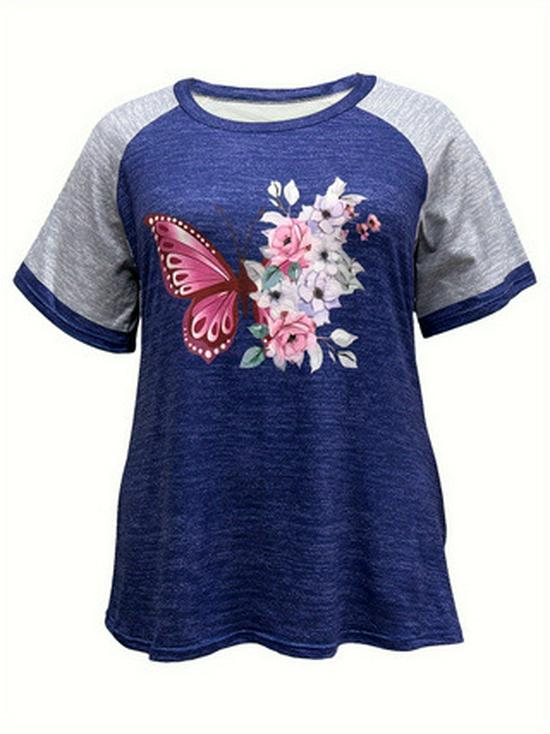 

Plus Size Butterfly Floral Raglan Tee - Women s Summer Casual Short Sleeve Top (0XL) 2XL темно-синього кольору