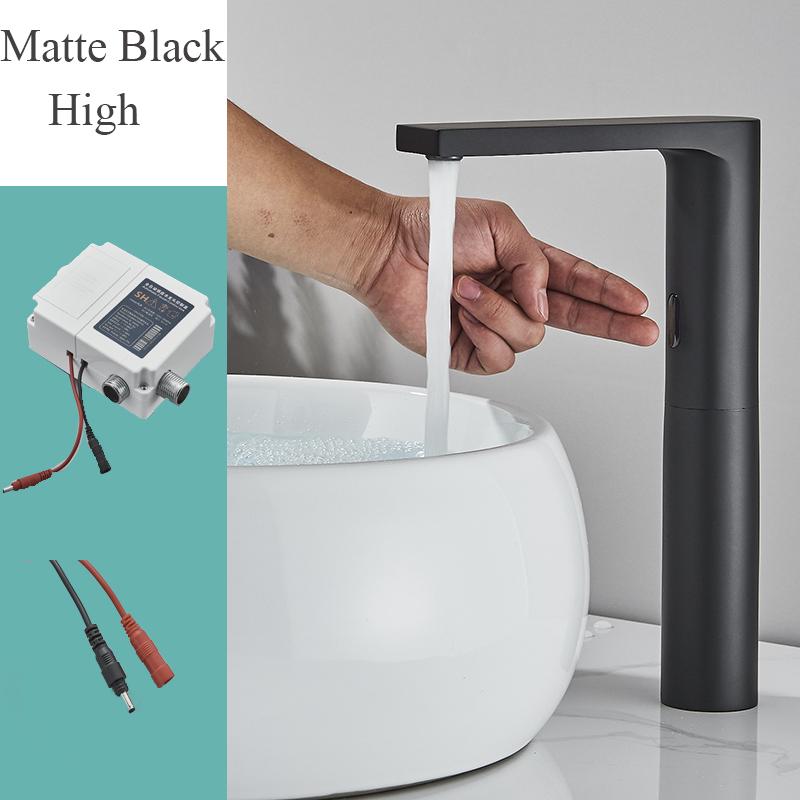 Luxus Mattschwarz Sensor Badezimmerarmatur Kalt- und Heißwasser Deckmontiert Hahn Kurz und Hoch Waschbeckenmischer