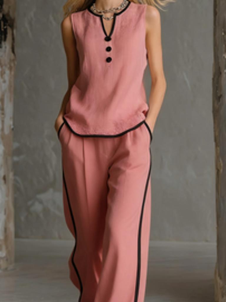 Summer Sleeveless V-Neck  Black Trim Color Block, Simple and Elegant; Wide Leg Pants Style, High-Rise Slim Fit