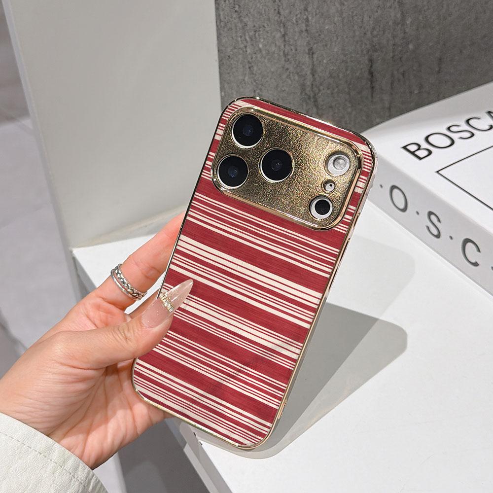 Lucky Start Phone Case For iPhone 17 16 15 14 13 12 Pro Max 16E Gold Electroplated glass shell Christmas Crimson Stripe Rug Cover IPHONE11