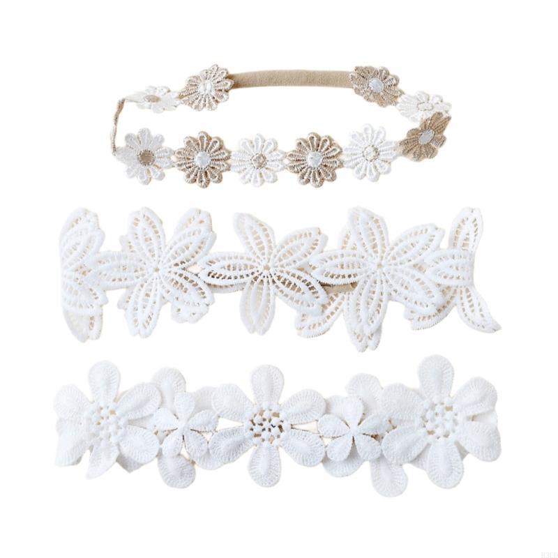 3Pcs Infant Stretchy Lace Headwear Hairband Feature Delicate Embroidery Soft Fabric for Everyday Wear and Photoshoots