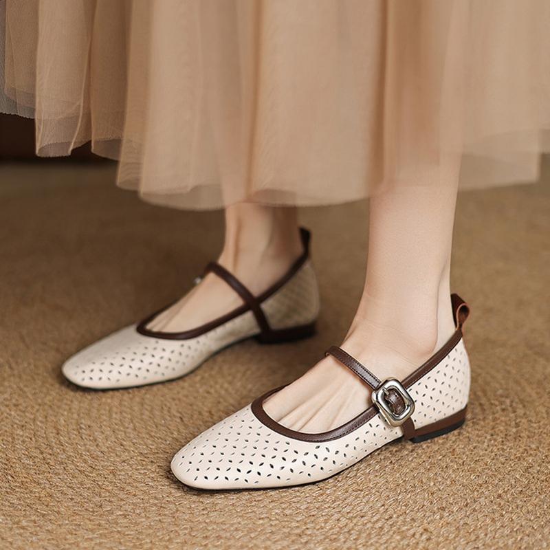 Fashion NEW Spring/Autumn Women Pumps Genuine Leather Shoes for Women Square Toe Low Heel Shoes Hollow-out Buckle Strap Mary Janes Shoes