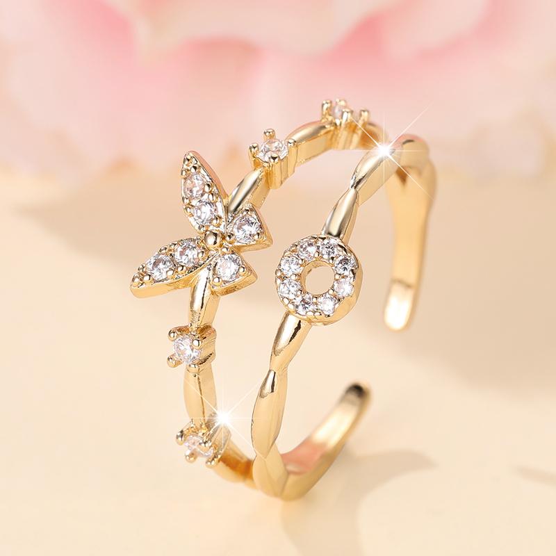 

Двухслойные циркониевые бабочки 26 букв открытые кольца для женщин золотого цвета регулируемое кольцо палец ювелирные изделия свадебный подарок O золотой
