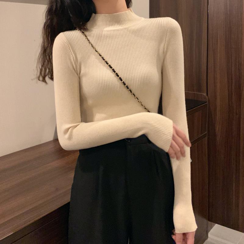 Women's Slim Fit Black Knit Half Turtleneck Sweater - Long-Sleeve, Autumn Top