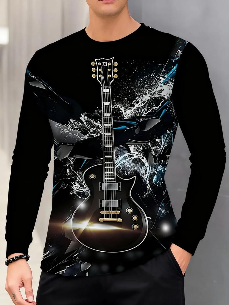 Music note graphic long-sleeve T-shirt, stylish casual top for music lovers.