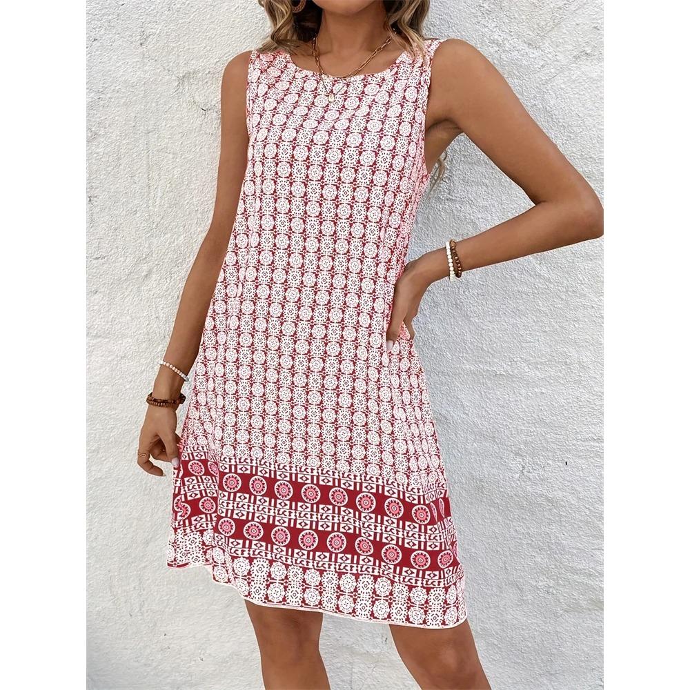 Sommerkleid Damen Knielang Vintage Bedruckt Rundhalskleid Lässig Bequem Strand Ärmellos Minikleid XS