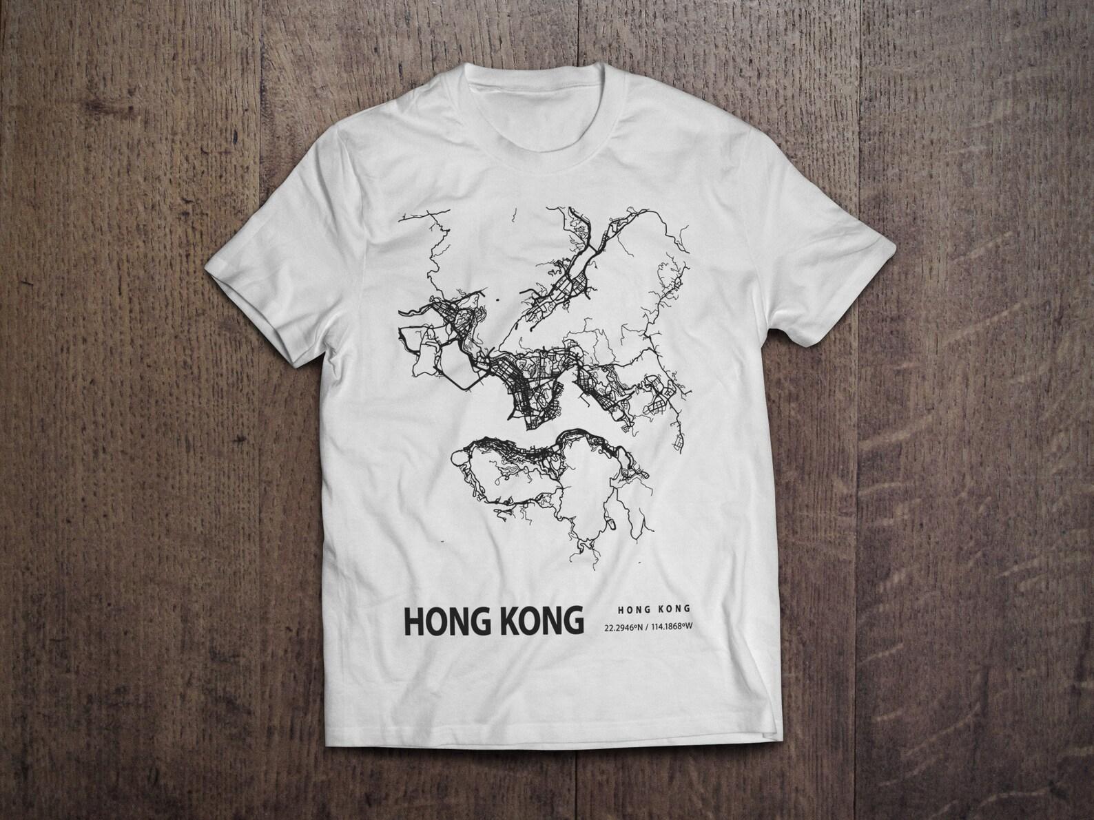 Hong Kong Blueprint City Map Coordinates / Heavyweight cotton unisex T shirt with print tee top 4XL