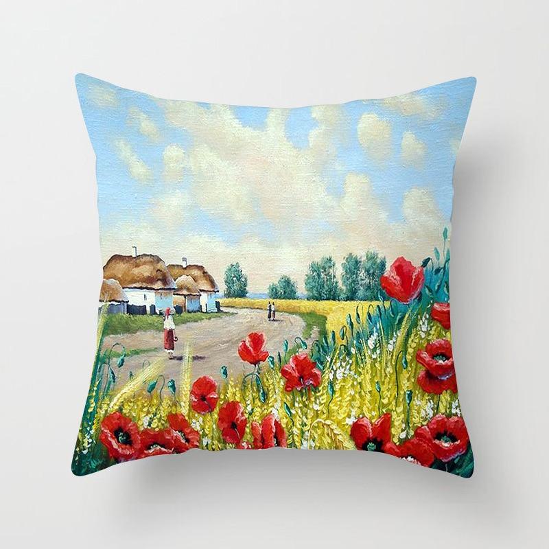Retro Sofa Chair Home Decoration Oil Painting Pillowcase Pastoral Scenery Flower and Bird Cushion Cover Living Room Ornament